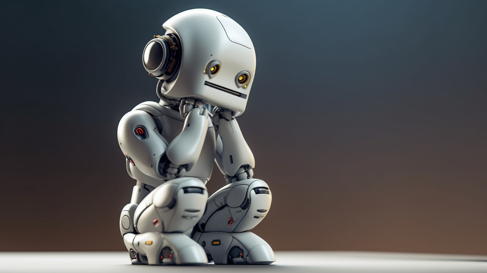 A robot, thinking. Created by Midjourney.